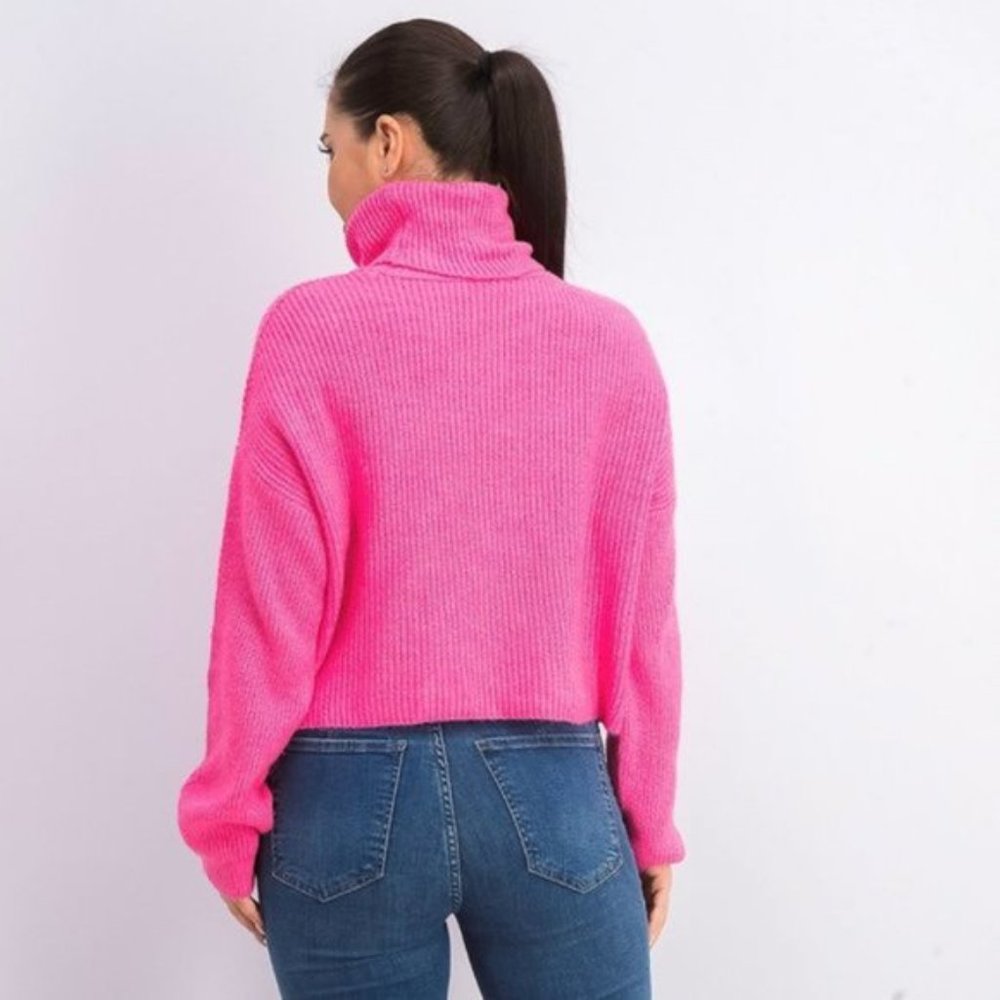 SUN + MOON 🌙  Electric Pink Boxy Turtleneck Ribbed Sweater - Picture 2 of 7